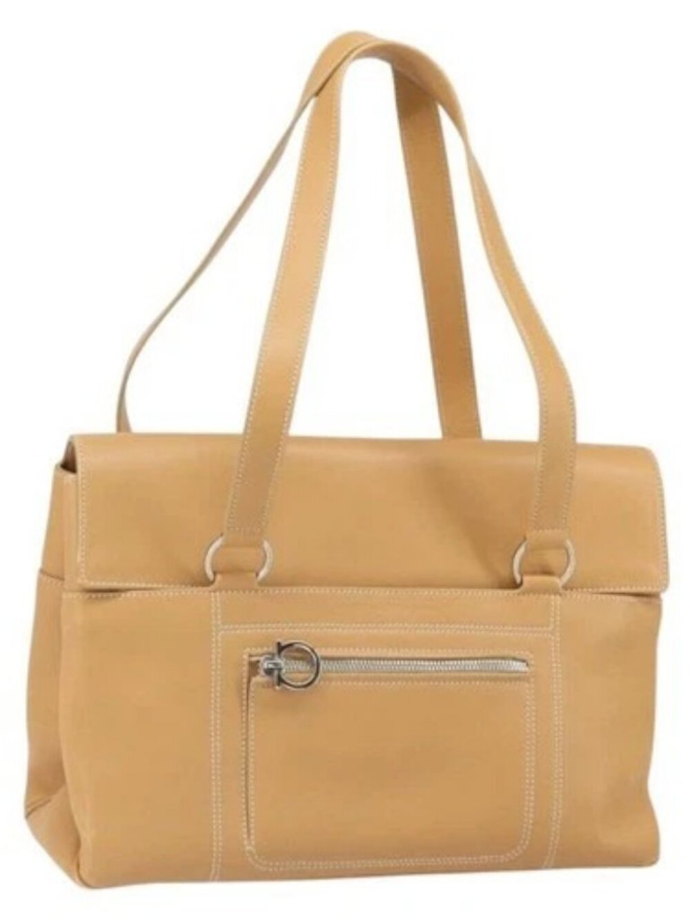 Salvatore Ferragamo Tote Bag Leather Beige Silver Auth BA9736